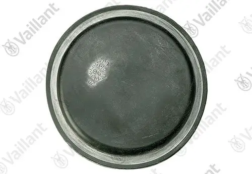 Runde, flache Membrane von Vaillant, erkennbar an der glatten Oberfläche und dem geprägten Schriftzug im Inneren. Ideal für Anwendungen in Heizsystemen.